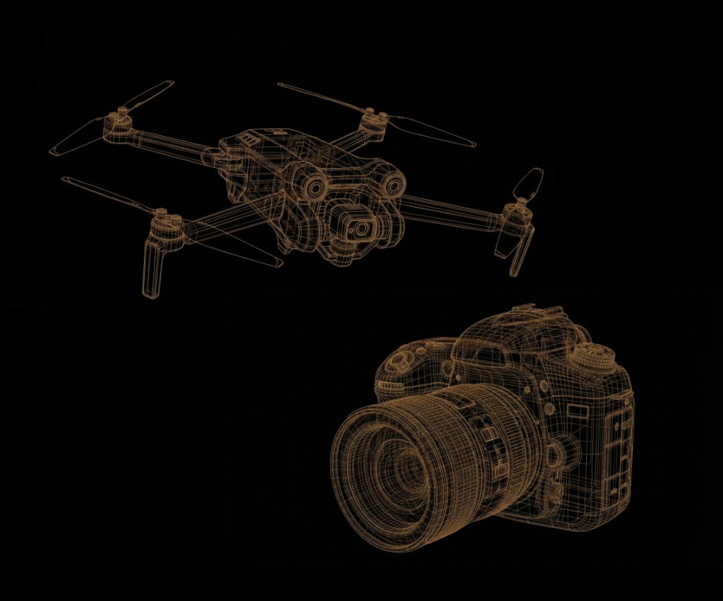 Wireframe drone and camera &mdash; aerial photography and photography